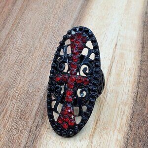 Gothic Black Filigree Red Stone Cross Expandable Band Large Oval Ring